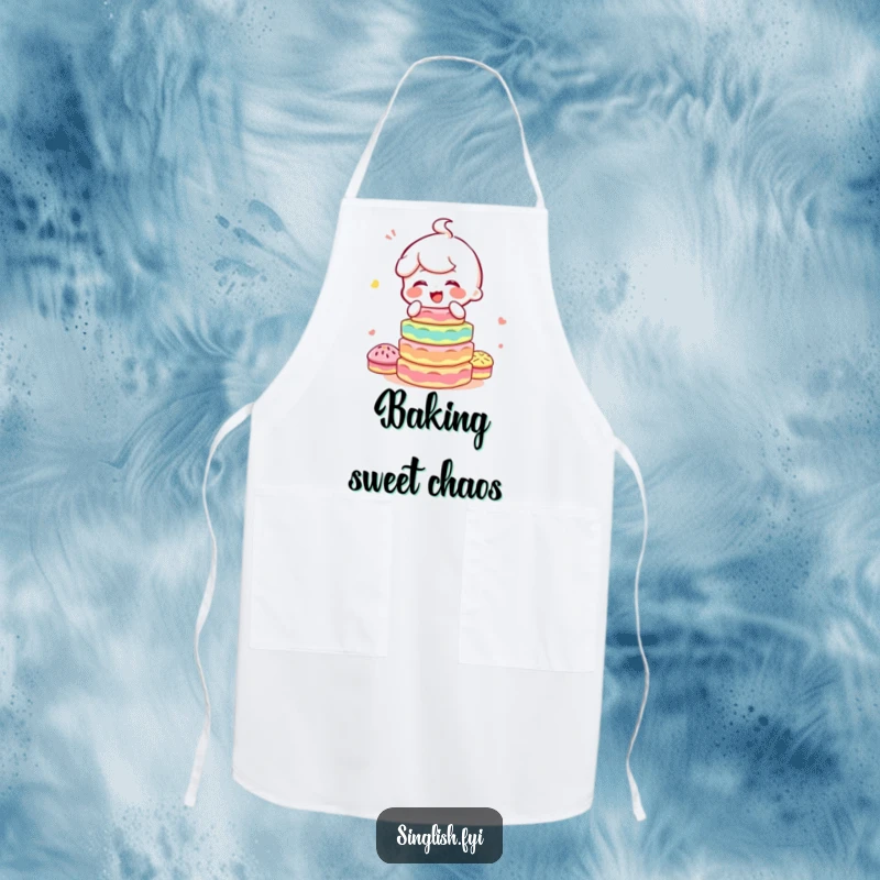 Funny apron for baking, showing a character giggling while balancing a colorful stack of kuih, ready for kitchen creations.