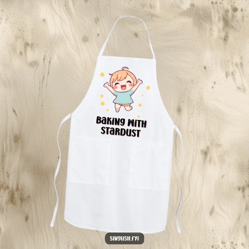 Funny Star Jump Apron: A cute character joyfully jumping in the air with small stars, adding humor to kitchen tasks.