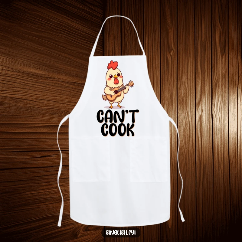 Funny apron design of a confused chicken satay skewer trying to play a miniature ukulele, adding amusement to kitchen duties.