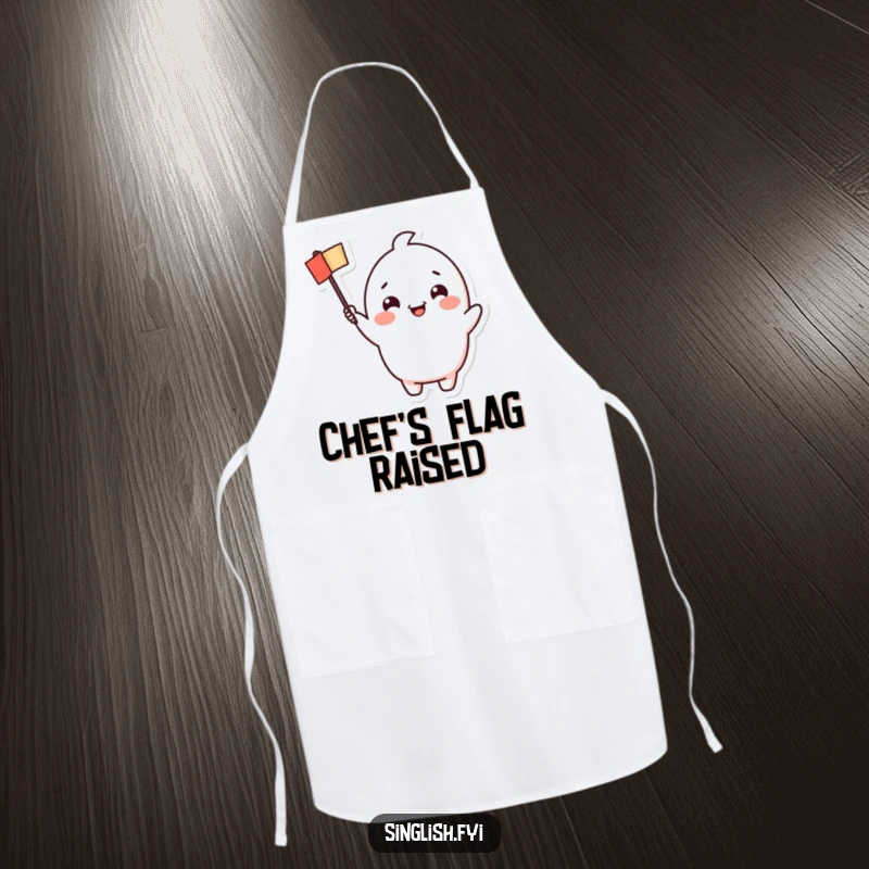 Funny Waving Flag Apron: Cute character with a cheerful grin waving a small flag, adding humor and festivity to kitchen tasks.