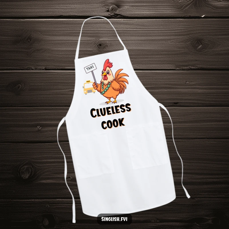 Funny Rooster Apron: A confused bird hails a taxi, bringing funny travel-themed humor to the kitchen, ideal funny gift.