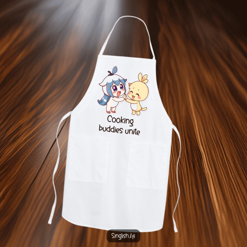 Funny Apron shows two delighted characters with wide eyes joyfully high-fiving, designed for kitchen camaraderie.
