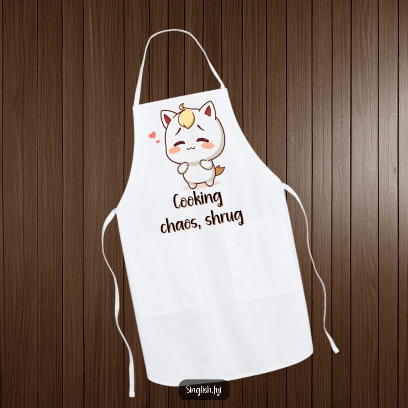 Funny apron showing a character shrugging with a happy, confused look, perfect for kitchen use and humorous cooking.