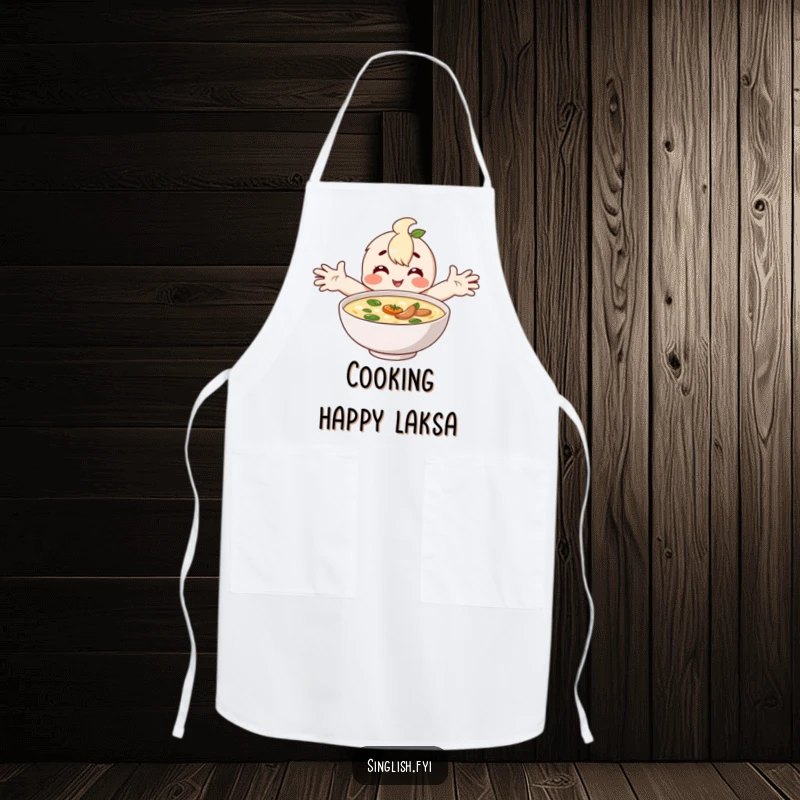 Funny apron with a happy character embracing a bowl of laksa, perfect for a comforting cooking experience.