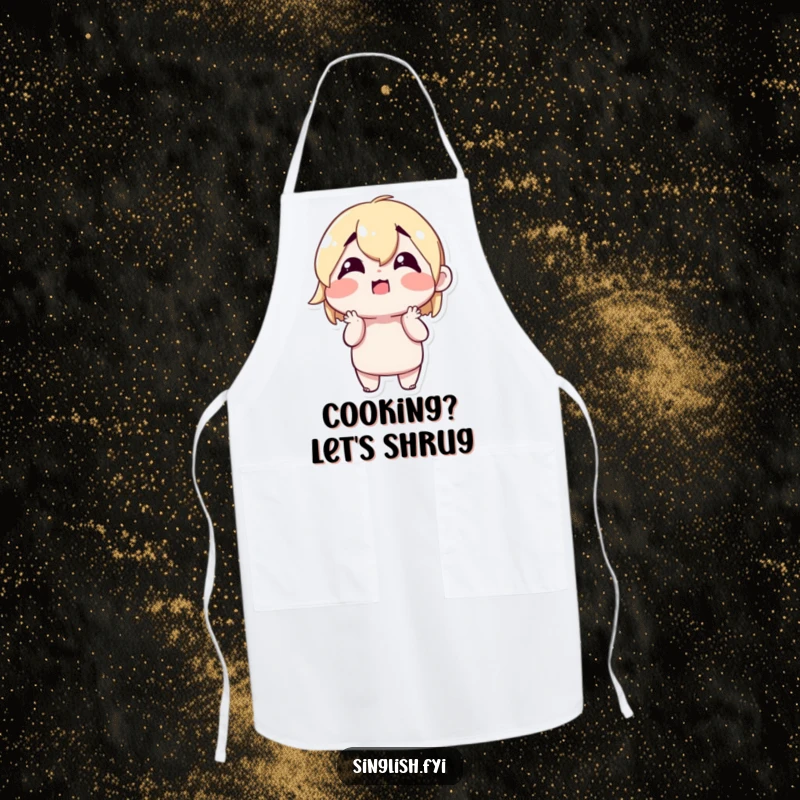 Funny Shrugging Character Apron showing a cute character shrugging with a confused but happy expression, perfect for a joyful cooking experience.