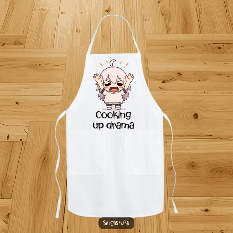 Funny apron with a character dramatically throwing hands up in mock exasperation, ideal for adding humorous flair to kitchen tasks.