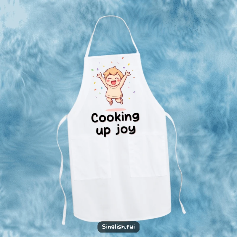 Funny Celebration Apron: A character joyfully jumping and throwing confetti, making this a funny and festive apron for the kitchen.