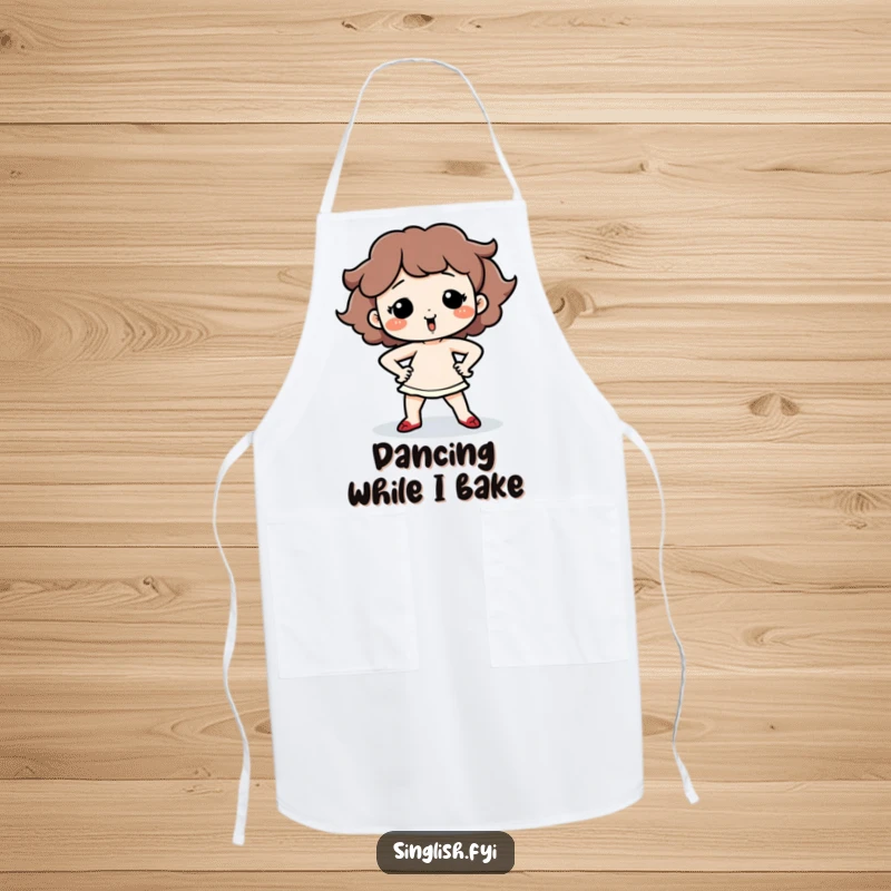 Funny Dancing Character Apron showing a cute character performing a silly dance with hands on hips, perfect for a joyful kitchen experience.