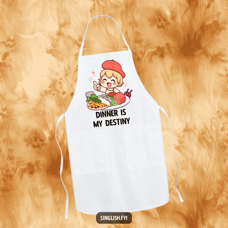 Funny foodie character apron pointing at delicious food, perfect for cooking and baking adventures.