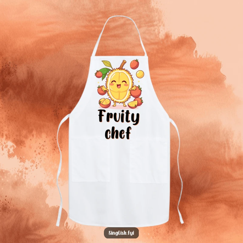 Funny Durian Apron: A cheerful fruit juggles other fruits, bringing funny tropical humor to the kitchen, ideal funny gift.