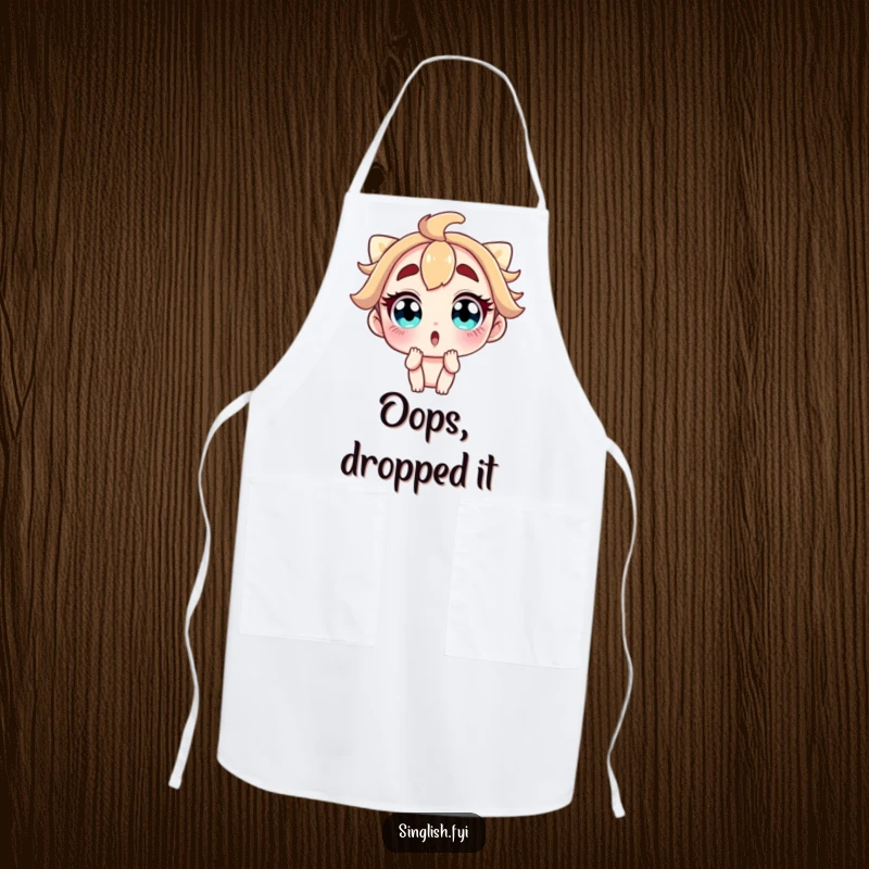 Funny apron with a character sporting wide, surprised eyes and raised eyebrows, adding a humorous touch to kitchen activities.