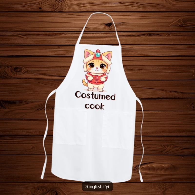 Funny Cat Apron: A bewildered cat wears a lion dance costume, bringing funny pet humor to the kitchen, ideal funny gift.