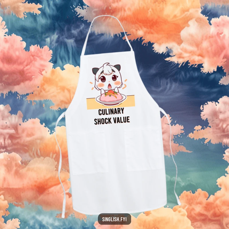 Funny apron featuring a surprised character gasping at a delicious dish, designed for humorous cooking and dining experiences.