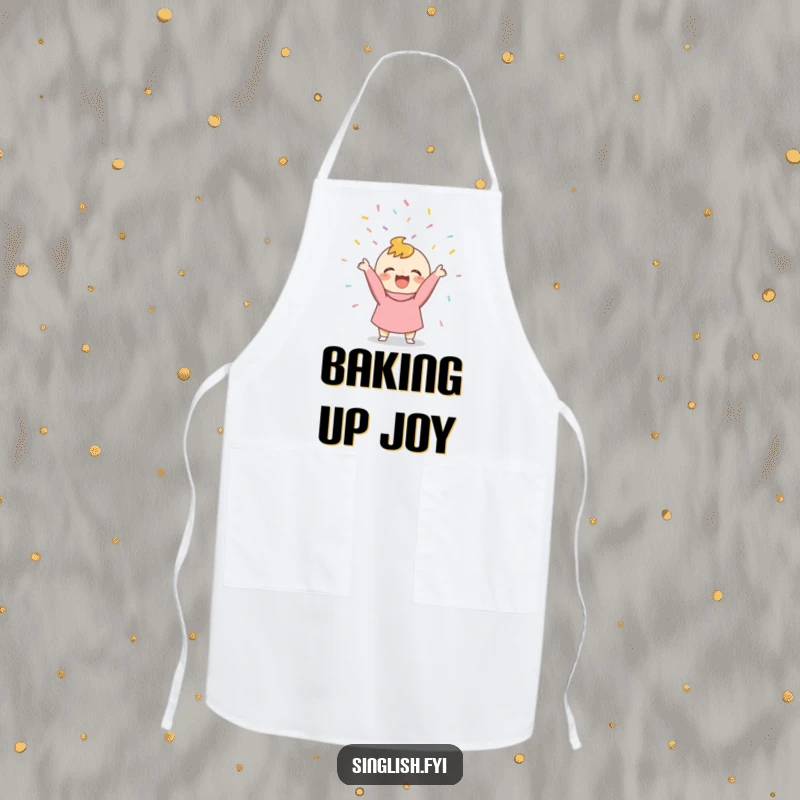 Funny Confetti Thrower Apron showing a character gleefully tossing confetti, a humorous and functional kitchen wear item.