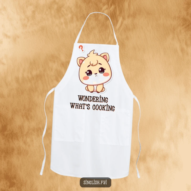 Funny apron with a curious character tilting their head, questioning expression, ideal for a thoughtful cooking session.