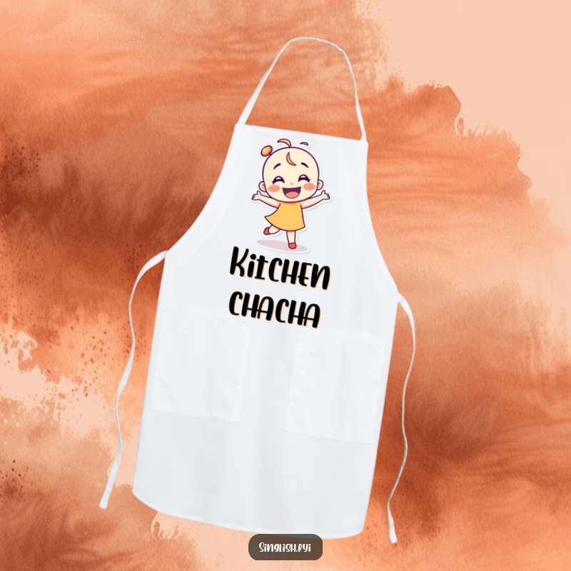 Funny dancer apron showing a smiling character doing a clumsy, happy dance, perfect for kitchen fun.