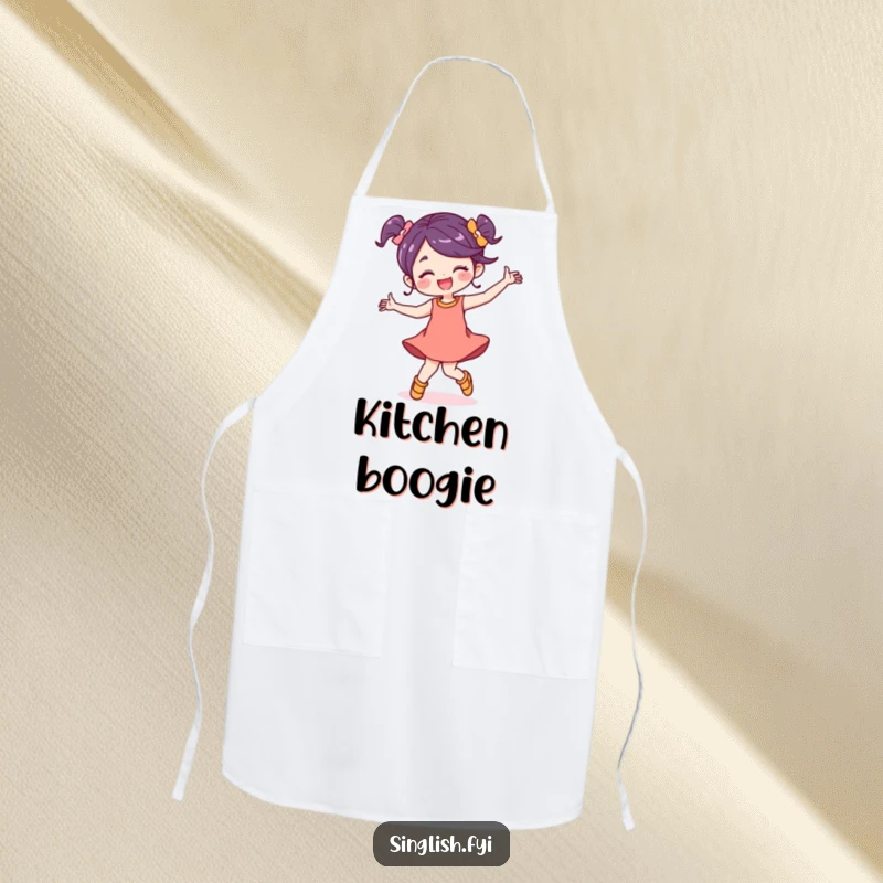 Funny character apron dancing energetically with a carefree expression, perfect for a humorous and joyful cooking experience.