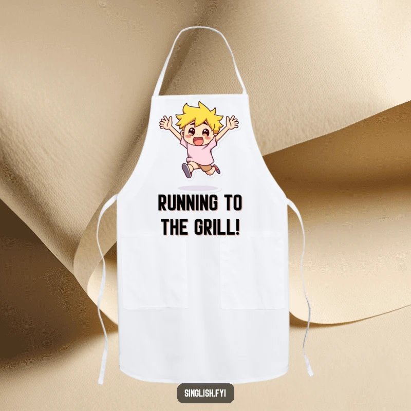 Funny Apron: A character runs with arms flailing in exaggerated excitement, bringing humorous energy to kitchen tasks.