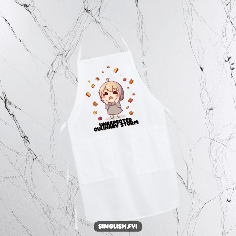Funny food rain apron showing a surprised character in a downpour of tiny food, perfect for kitchen fun.