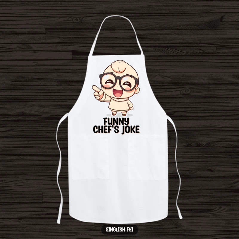 Funny apron showing a cute character wearing large round glasses pointing and laughing heartily, perfect for a humorous kitchen.