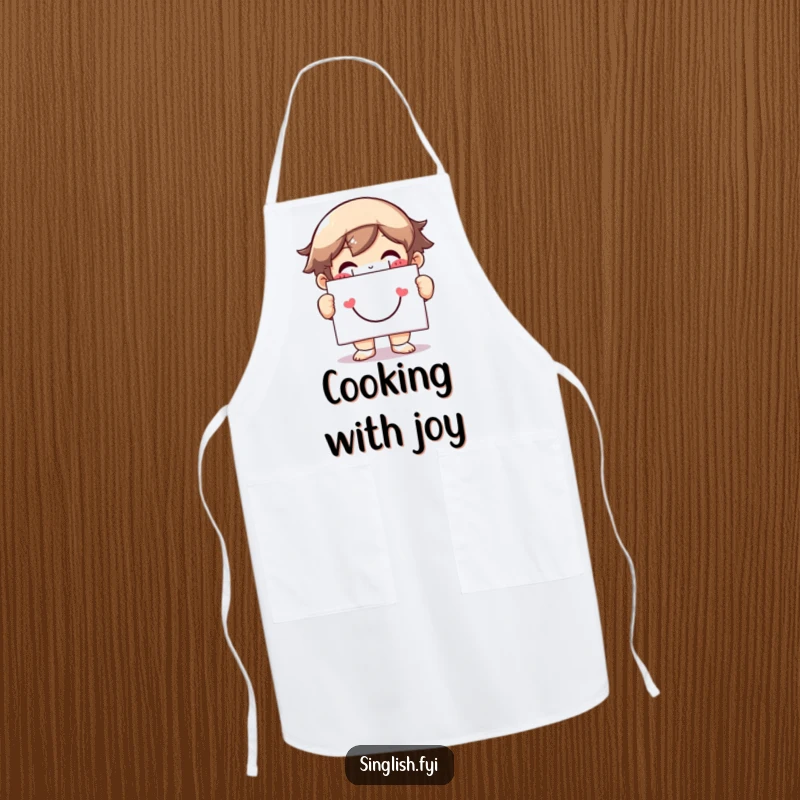 Funny apron with a character beaming a huge grin, holding a smiley face sign, ideal for cheerful cooking and kitchen tasks.