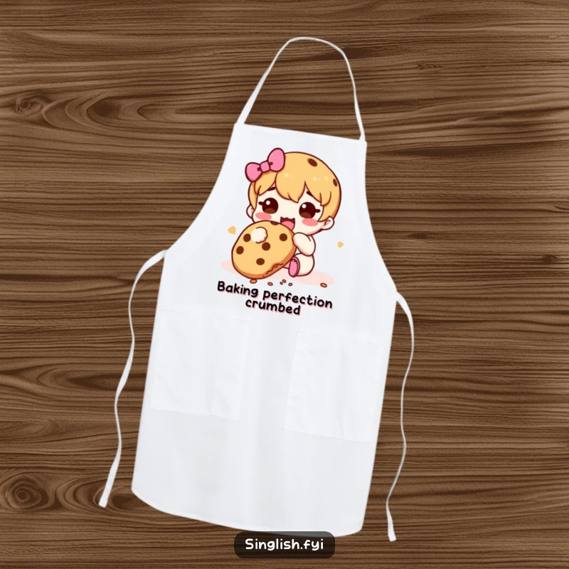 Funny Cookie Muncher Apron: Cute character happily munching a cookie with falling crumbs, adding humor to kitchen tasks.