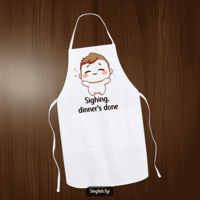 Funny Happy Sigh Apron: A character releasing a happy sigh with relaxed shoulders, designed for a peaceful and funny cooking experience.