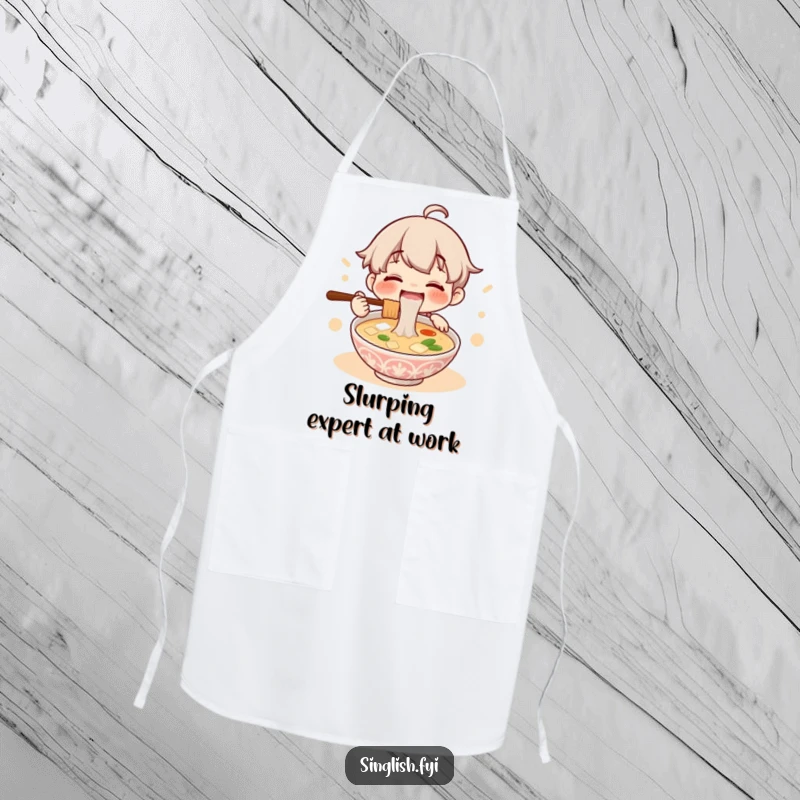 Funny apron for cooking, depicting a joyful character enthusiastically slurping a bowl of lontong soup, ready for kitchen adventures.