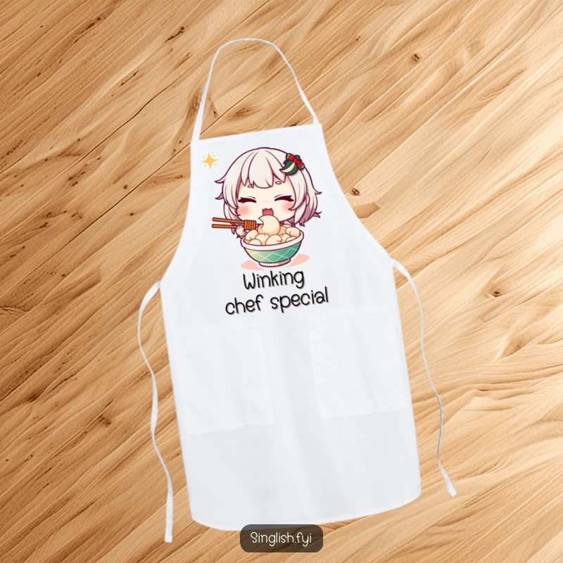 Funny apron for cooking, showing a character giving a knowing wink while presenting a mouth-watering dish of mee goreng, ready for action.