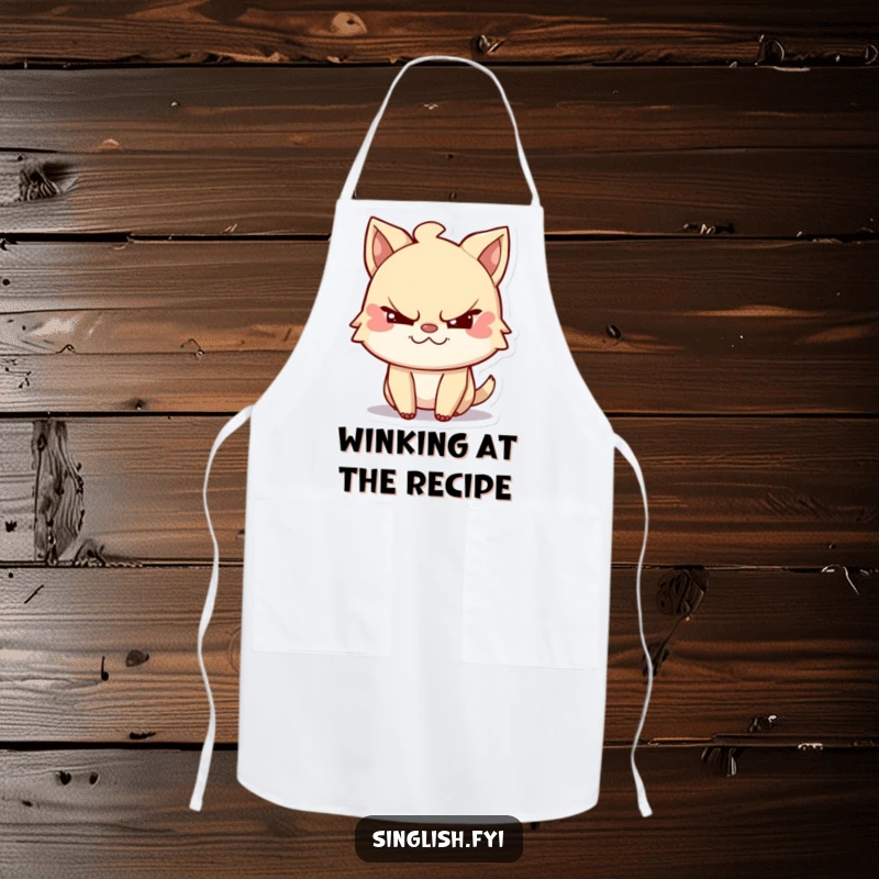 Funny apron featuring a mischievous character winking playfully, designed for kitchen fun and humorous cooking sessions.