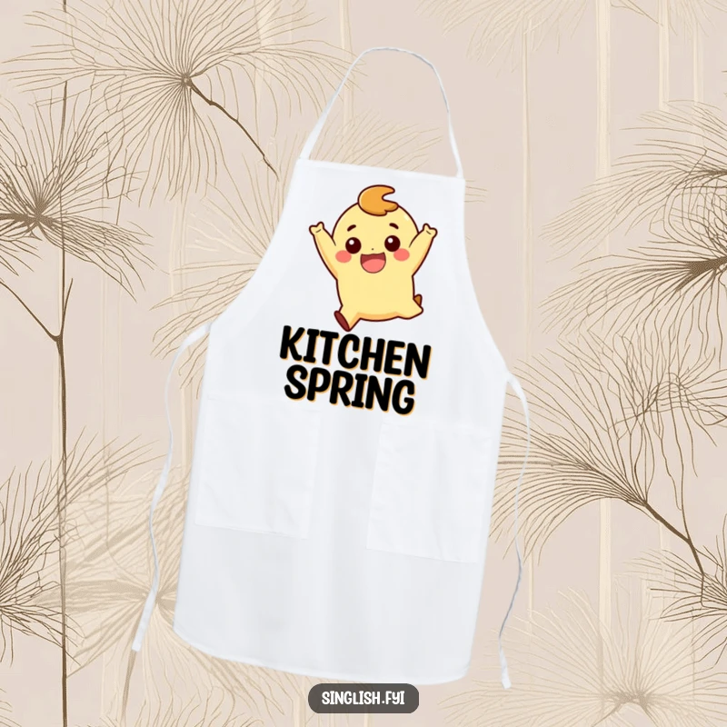 Funny Playful Jump Apron: A functional apron featuring a character joyfully jumping with a big smile, perfect for kitchen fun.