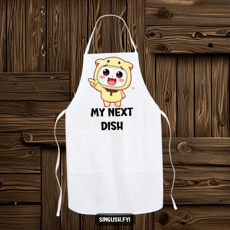 Funny apron with a cute character pointing with enthusiasm, designed for kitchen fun and keeping clothes clean during cooking.