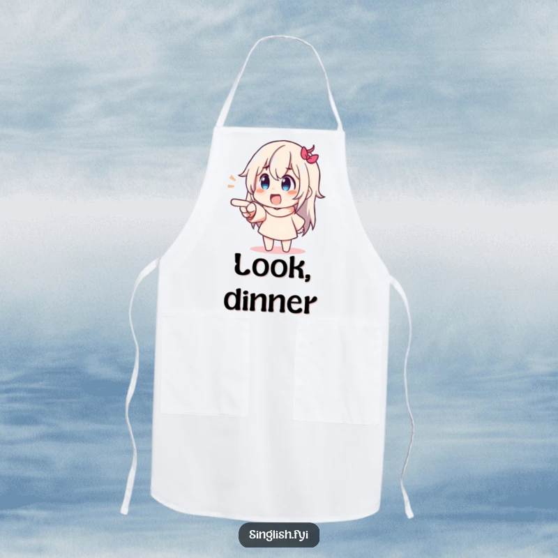 Funny Pointing Character Apron showing a character pointing with exaggerated delight, celebrating culinary discoveries humorously.