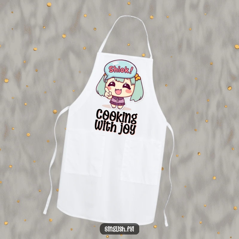 Funny Apron shows a cute happy character excitedly pointing at a 'Shiok!' bubble, designed for kitchen cheer.