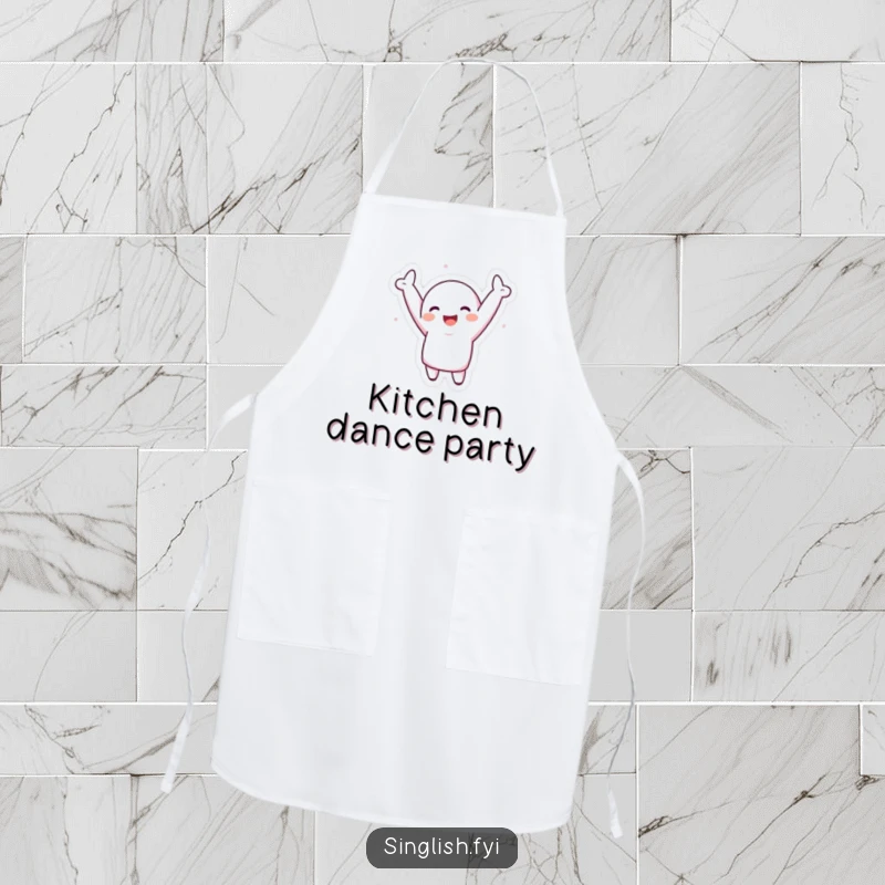 Funny Apron: A chef character happily dances with arms in the air, ready to cook up a storm with humorous flair.