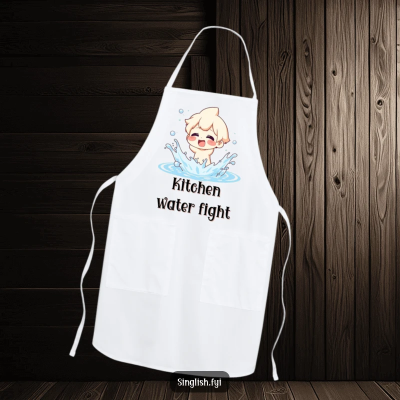 Funny Apron: Character with exaggerated glee splashing water, a fun and functional kitchen accessory.