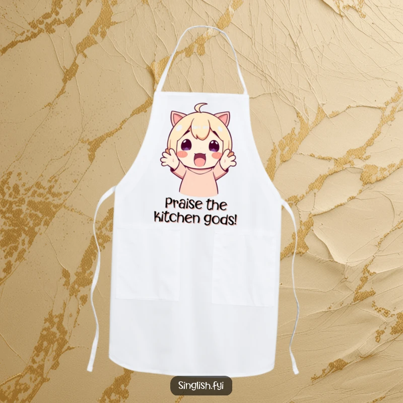 Funny Apron: A cooking character expresses delightful surprise with hands up. Practical and humorous.