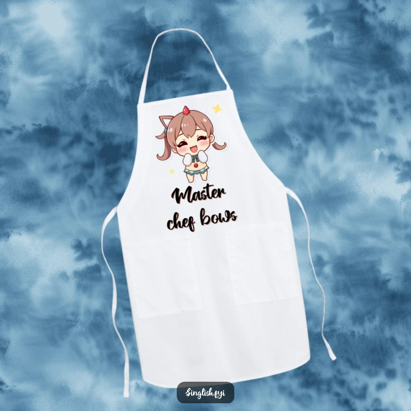 Funny apron showing a character bowing triumphantly with a grin, perfect for kitchen use and celebrating cooking wins.