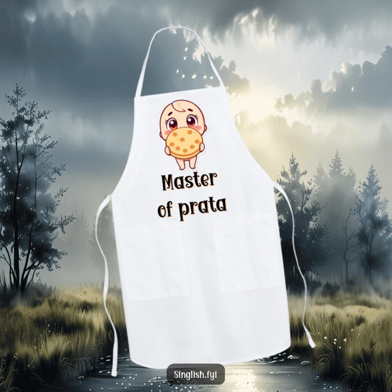 Funny Roti Prata Apron: A practical apron with a character with wide eyes, holding a roti prata, perfect for foodie adventures.