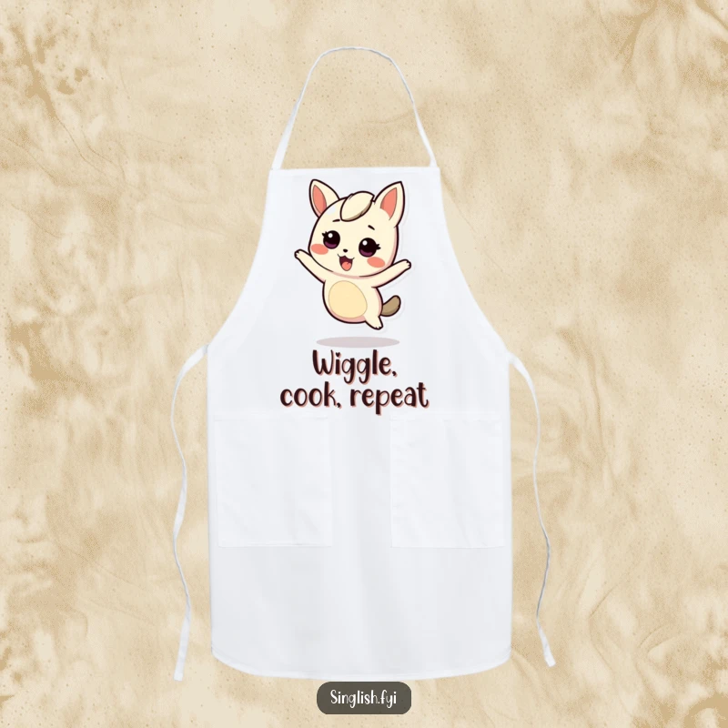 Funny Apron: A character wiggles its body energetically while cooking. Humorous and practical.