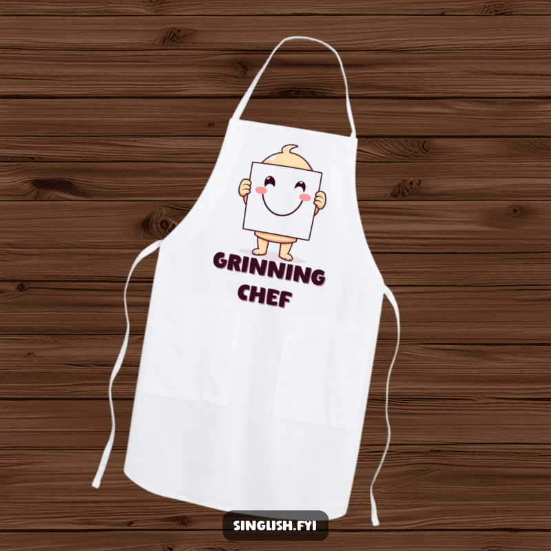 Funny character apron holding a giant smiley face sign, perfect for a humorous and cheerful cooking experience.