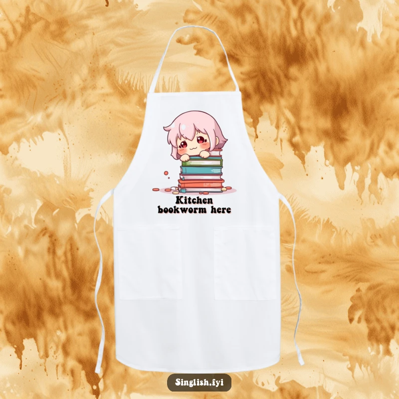 Funny Book Knockover Apron: Cute sheepish character looking guilty by fallen books, adding humor to kitchen tasks.