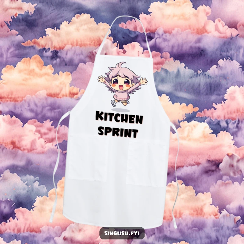 Funny character apron in a comical, energetic running pose with flailing arms, perfect for a humorous cooking experience.