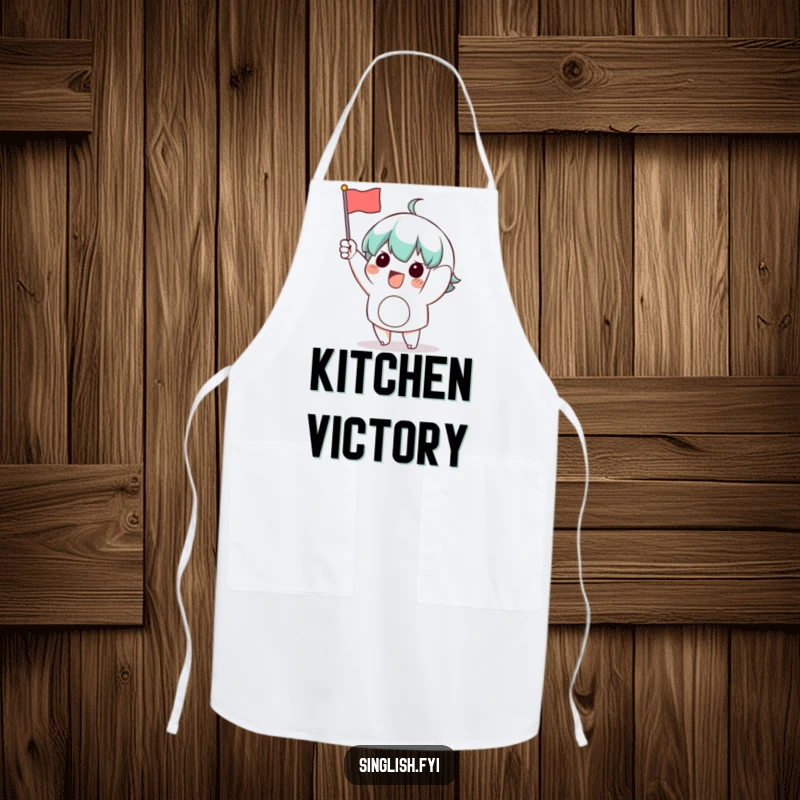 Funny Waving Flag Apron: A functional apron showcasing a character excitedly waving a small flag, perfect for parties and cooking.