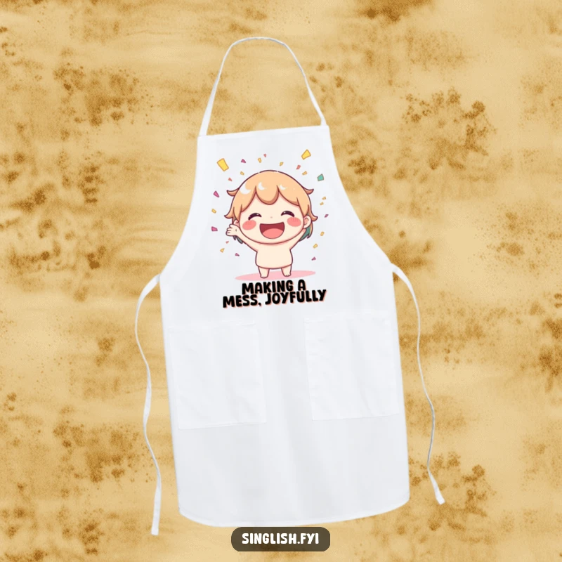 Funny apron featuring a joyful character with a big smile, throwing confetti. Ideal for festive cooking and humorous kitchen vibes.