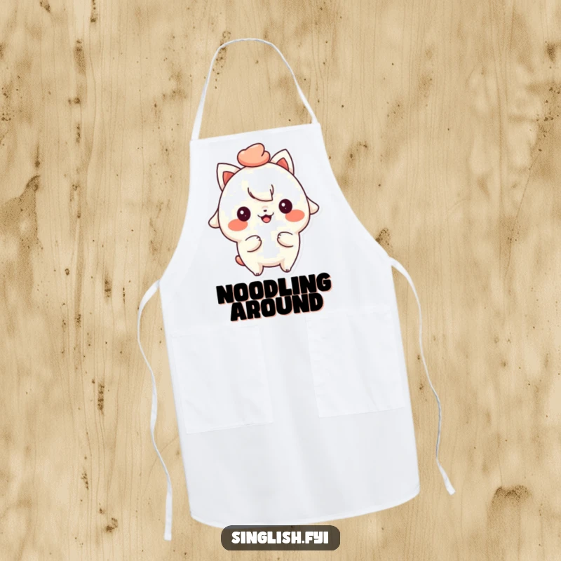 Funny apron with a playful character, cheeky smile, holding mee pok, ideal for a fun cooking experience.