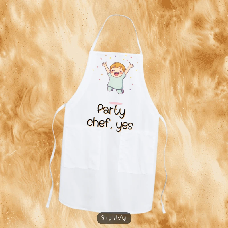 Funny Confetti Jump Apron showing a character jumping with joy and tossing confetti, perfect for adding humor and festive cheer to cooking.