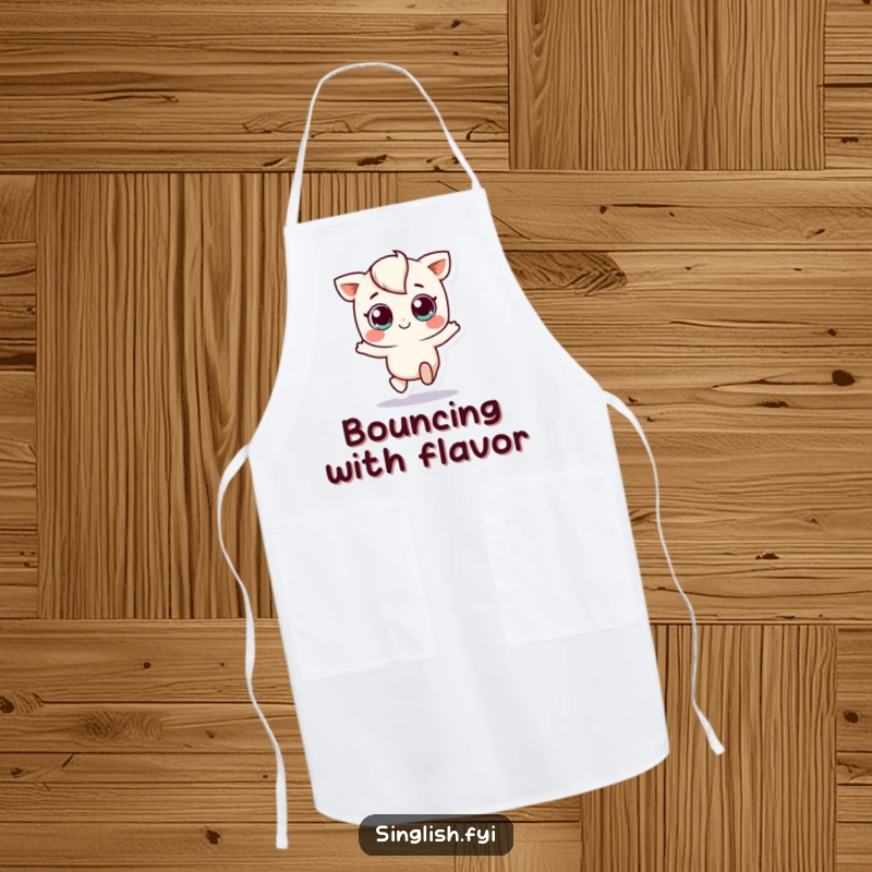 Funny apron featuring a small, wide-eyed character hopping with joy, ideal for adding playful energy to cooking and baking activities.