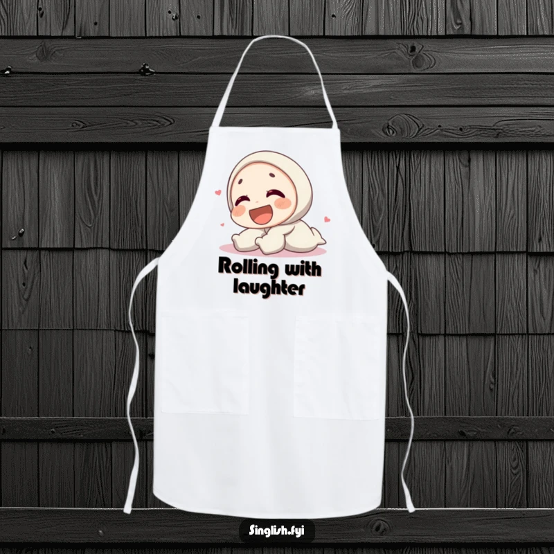 Funny apron showing a character laughing heartily on the ground, designed for joyful kitchen experiences.
