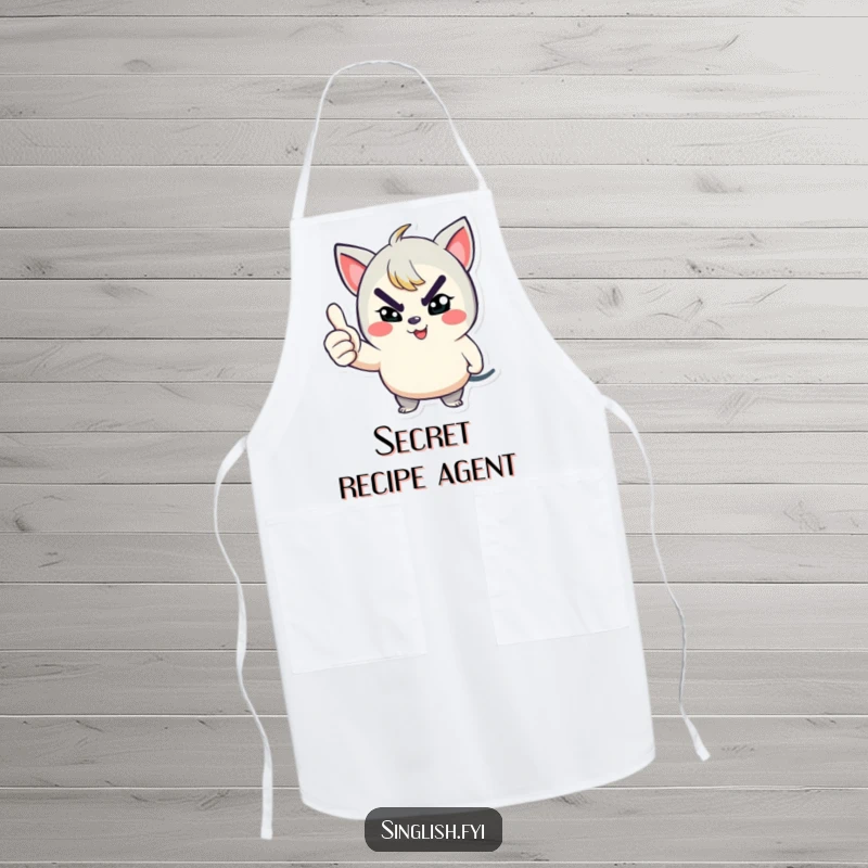 Funny apron showing a playful character winking with a mischievous grin and giving a thumbs up, perfect for a confident kitchen.